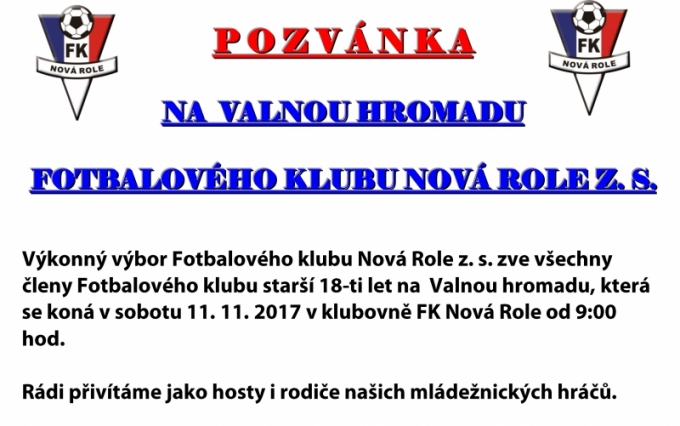 VALNÁ HROMADA FKNR - Sobota 11. 11. 2017 od 9:00 hodin